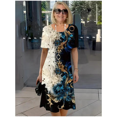 2025 Summer New Printed Round Neck Pullover A-line Short Sleeve Dress