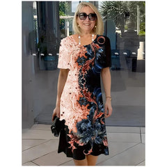 2025 Summer New Printed Round Neck Pullover A-line Short Sleeve Dress