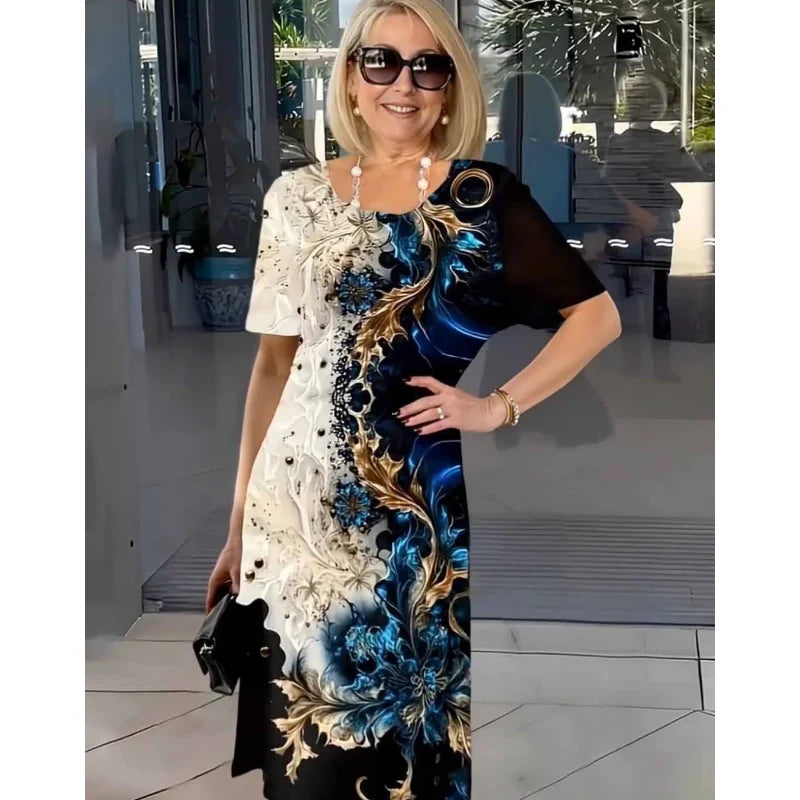 2025 Summer New Printed Round Neck Pullover A-line Short Sleeve Dress