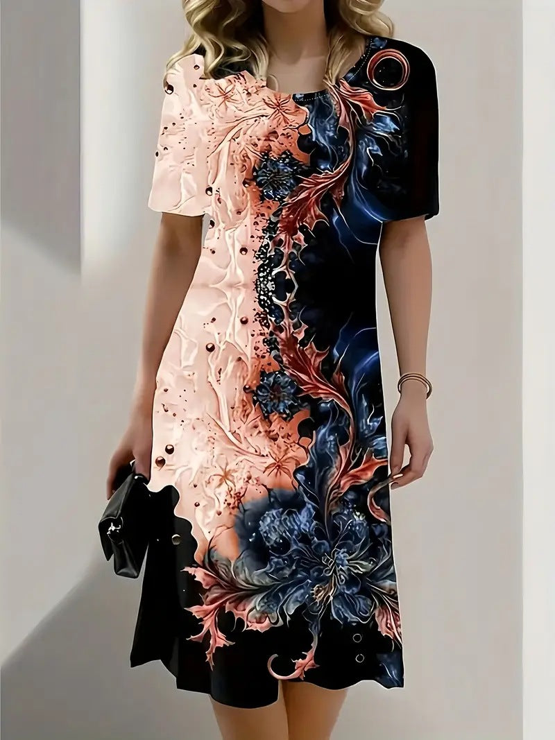 2025 Summer New Printed Round Neck Pullover A-line Short Sleeve Dress