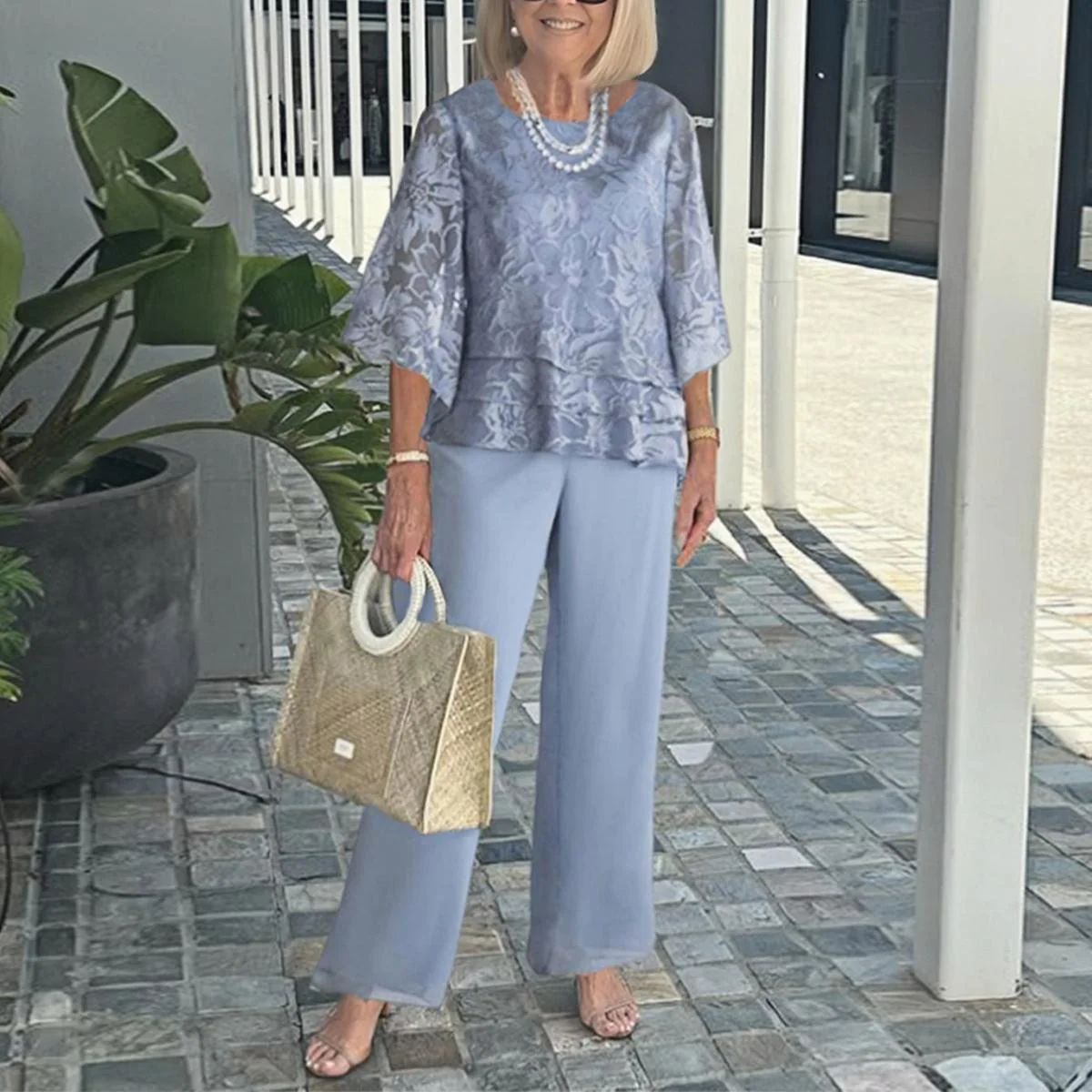 2025 Chiffon Printed Suit Elegant Round Neck Mid Sleeve Top Pants Two-piece Suit