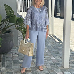 2025 Chiffon Printed Suit Elegant Round Neck Mid Sleeve Top Pants Two-piece Suit