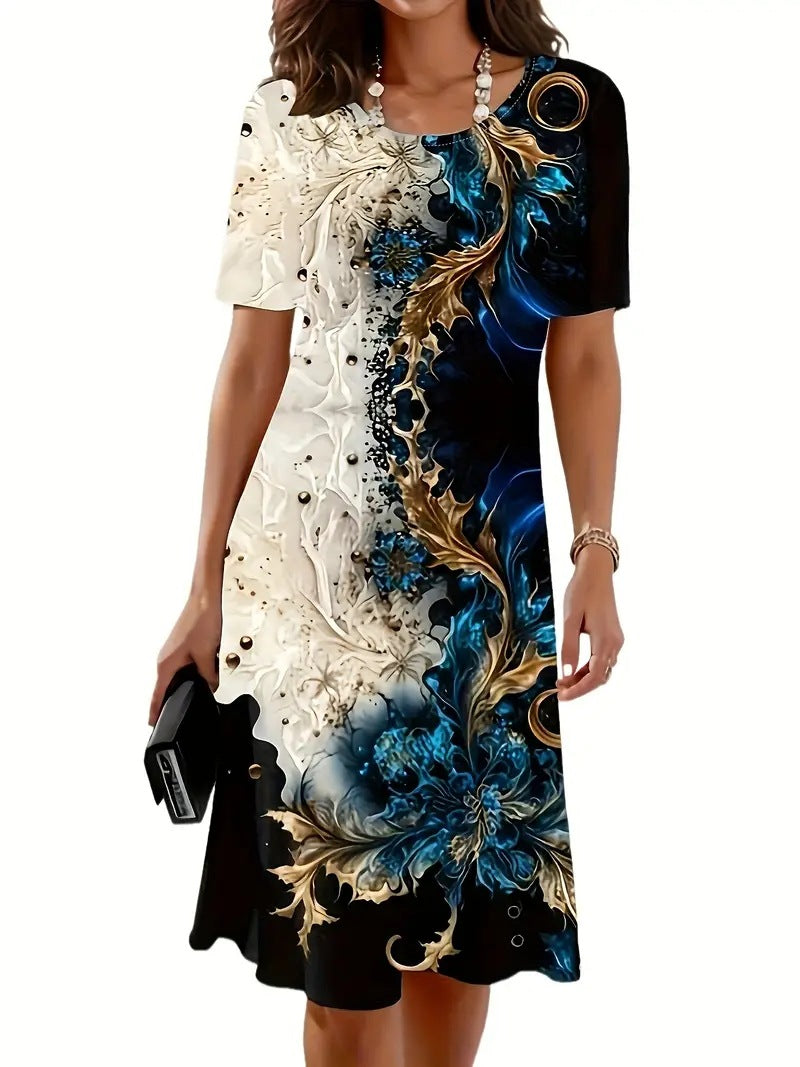 2025 Summer New Printed Round Neck Pullover A-line Short Sleeve Dress