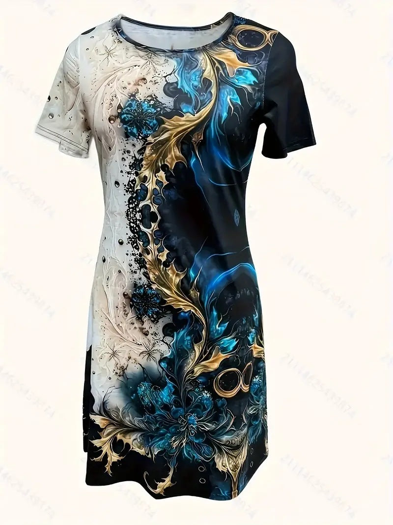 2025 Summer New Printed Round Neck Pullover A-line Short Sleeve Dress