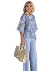 2025 Chiffon Printed Suit Elegant Round Neck Mid Sleeve Top Pants Two-piece Suit
