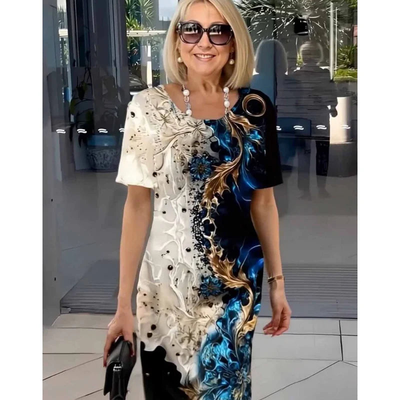 2025 Summer New Printed Round Neck Pullover A-line Short Sleeve Dress